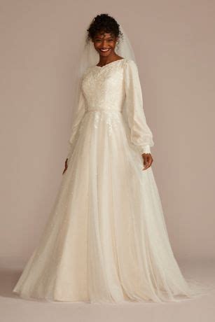 Long Sleeve Pearl Tulle Modest Wedding Dress David S Bridal