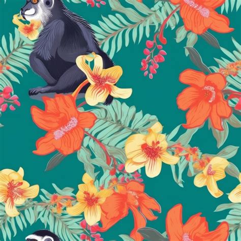 Premium AI Image | A monkey sits on a tropical background with hibiscus ...