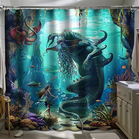 Enchanting Underwater Battle Shower Curtain Vibrant Ocean Fantasy