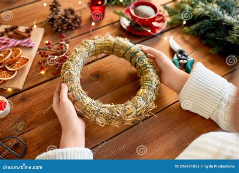 Woman Making Fir Christmas Wreath At Home Stock Photo Image Of Hobby