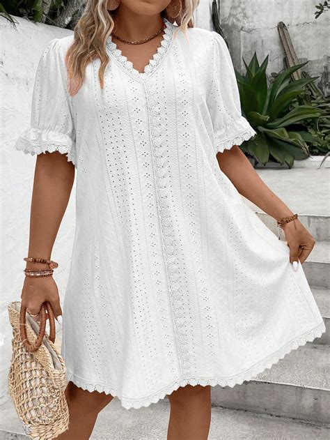 Shein Essnce Plus Eyelet Embroidery Scallop Trim Flounce Sleeve Dress