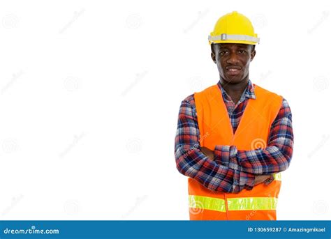 Studio Shot Of Young Happy Black African Man Construction Worker Stock