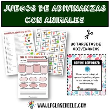 JUEGOS CON ADIVINANZAS DE ANIMALES EN ESPAÑOL by LACLASEDEELE TpT