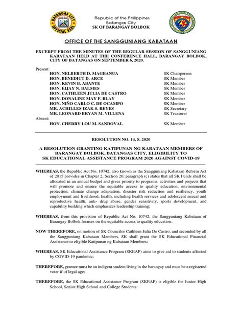 Resolution Approving The Sk Educational Assistance Program Bolbok Batangas City Pdf Government