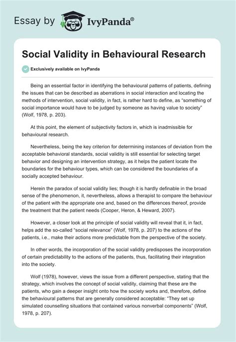 Social Validity In Behavioural Research 580 Words Essay Example