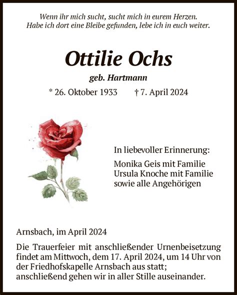 Traueranzeigen Von Ottilie Ochs Trauer Hna De