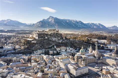 Aerial Drone View of Salzburg Snowy Old Town with View of Hohensalzburg ...