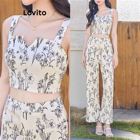 Lovito Women Elegant Ditsy Floral Zipper Fake Pocket Pants Sets