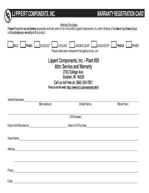 Fillable Online Warranty Registration Card Lippert Components Inc Fax