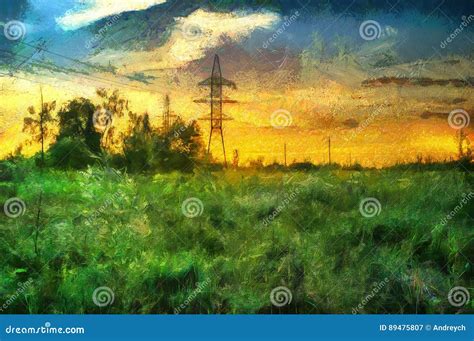 Oil Painting Sunset in a Field in the Countryside Stock Image - Image ...