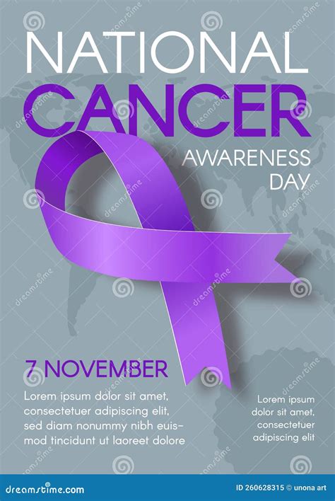 National Cancer Awareness Day. Vertical Poster with Purple Ribbon and ...