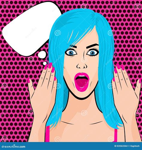 Surprised Blue Hair Girl Pop Art Halftone Stock Vector Illustration Of Open Hairstyle 83563364