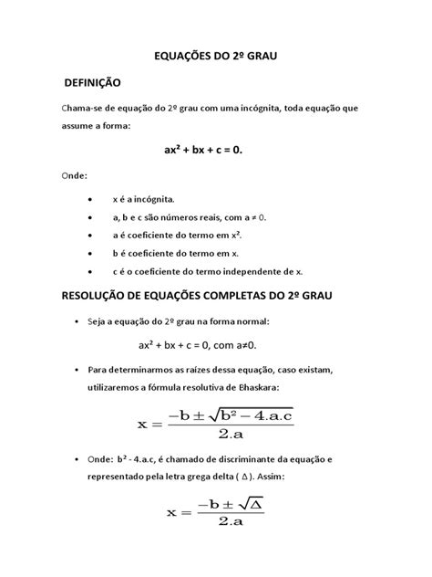 Equações Do 2º Grau Pdf Equações Equação Quadrática