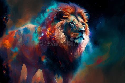 Lion In Cosmic Space With Stars And Planets Vector Illustration Stock