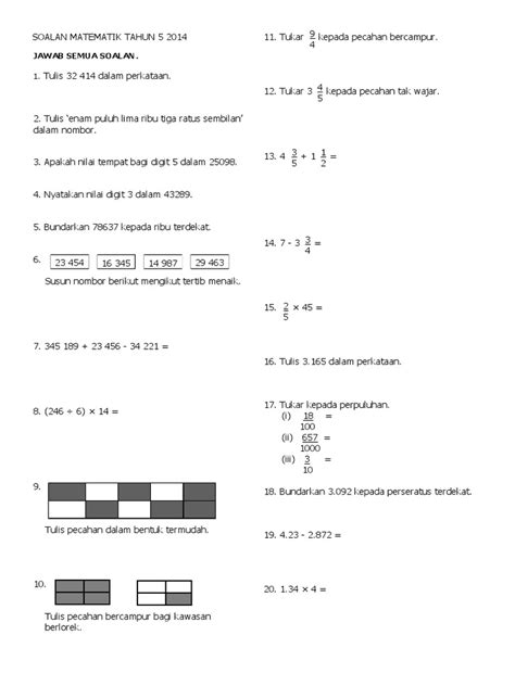 Soalan Matematik Tahun 5