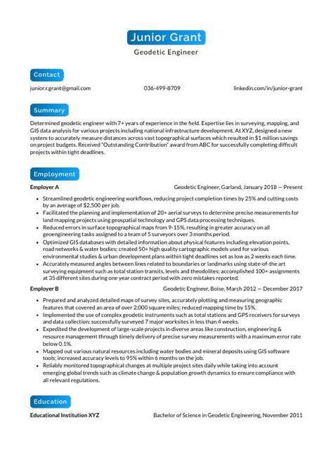 Geodetic Engineer Resume (CV) Example and Writing Guide