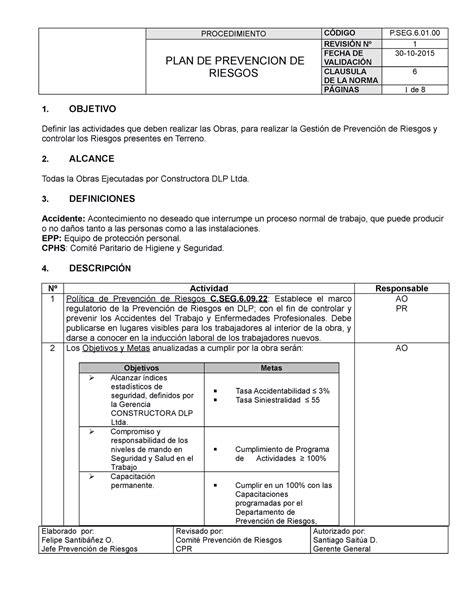 P SEG 6 01 00 PLAN Prevencion DE Riesgos Rev PLAN DE PREVENCION DE