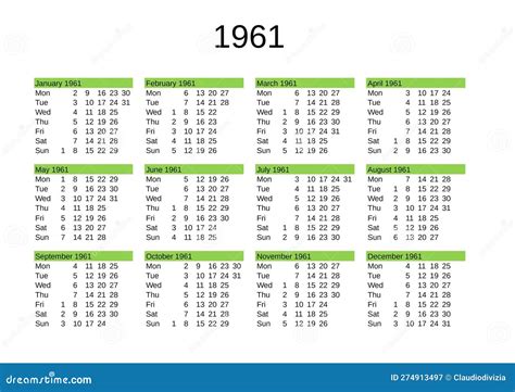 Year 1961 Calendar In English Stock Illustration Illustration Of