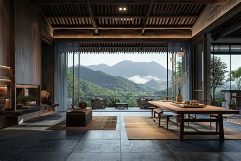 Rustic Chinese-Style House Interior with a View of a Mountain Village