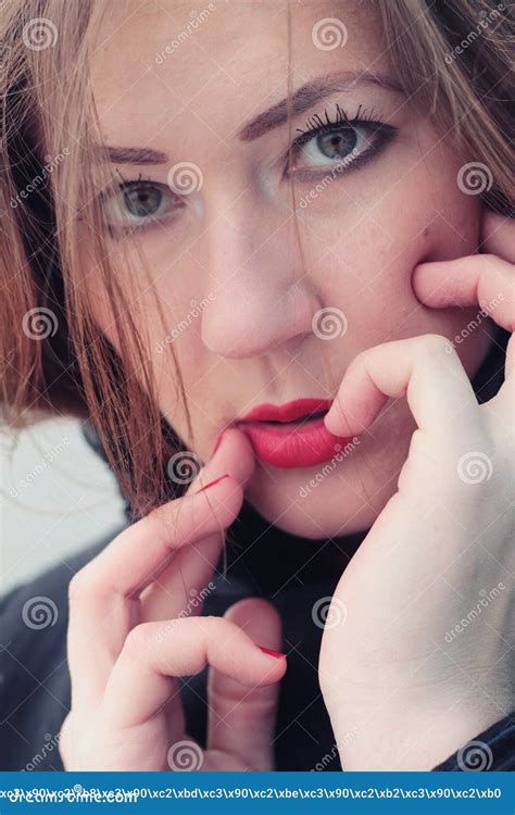 Beautiful Brunette With Red Lipstick Stock Photo Image Of Bright Makeup