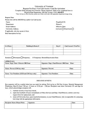 Fillable Online Uvm Request For Keys Form Uvm Fax Email Print