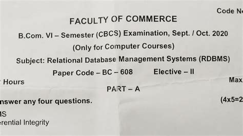 6th Sem Rdbms 2020 Question Paper Osmania University Youtube