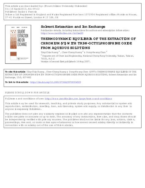 Pdf Thermodynamic Equilibria Of The Extraction Of Chromium Vi With