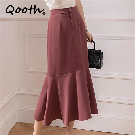 Kaufe Qooth Spring Autumn Mid Length Solid Color Fishtail Skirt Elegant