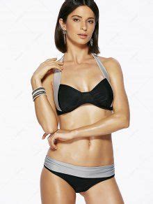 Gathered Hit Color Halterneck Bikini Set In Black Zaful