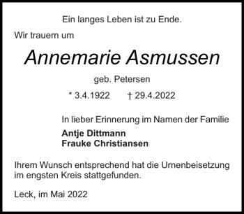 Traueranzeigen Von Annemarie Asmussen Sh Z Trauer