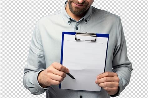 Homem de negócios segurando clipboard em fundo isolado branco PSD Premium