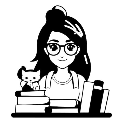 Premium Vector Cute Girl With Glasses Holding Books And Cat Vector