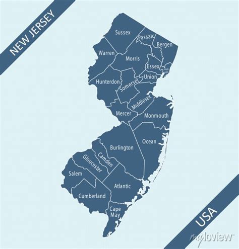 New Jersey County Map Labeled Wall Mural • Murals Travel Destination