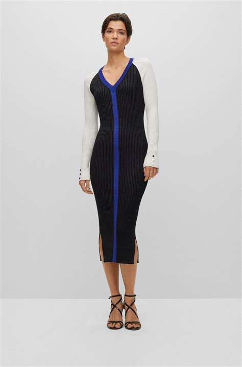 Boss V Neck Knitted Dress In Metallised Fabric