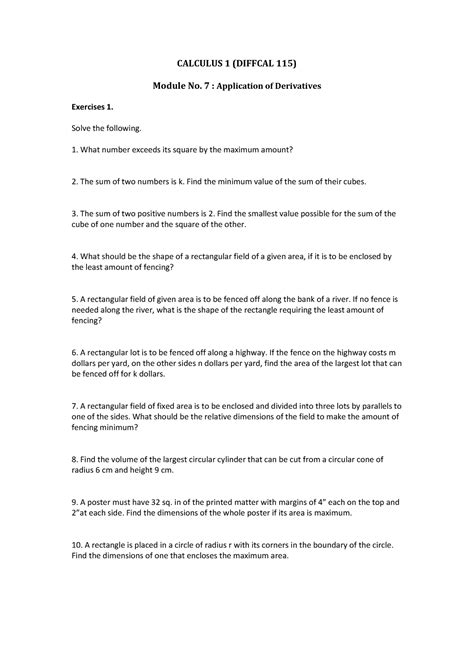 Diffcal 115 Application Of Derivatives Exercises CALCULUS 1