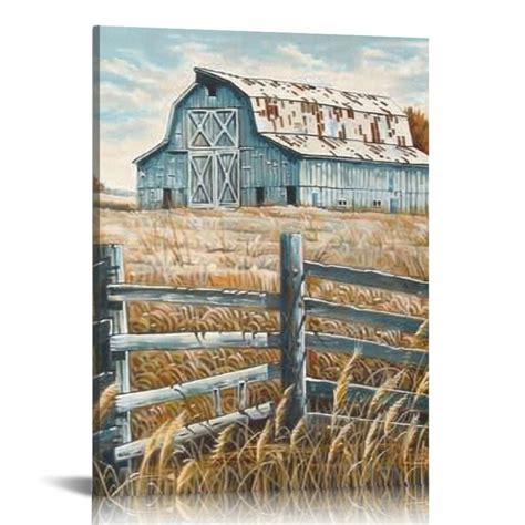 Gotuvs Farmhouse Canvas Wall Art Framed Landscape Painting Teal Old