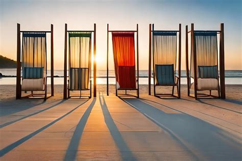 Premium Ai Image A Row Of Beach Chairs On A Pier With The Sun Setting