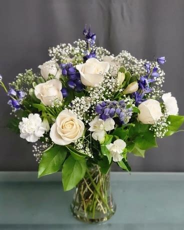 White Roses and Blue Flower Arrangement [With Free, Same Day Delivery]