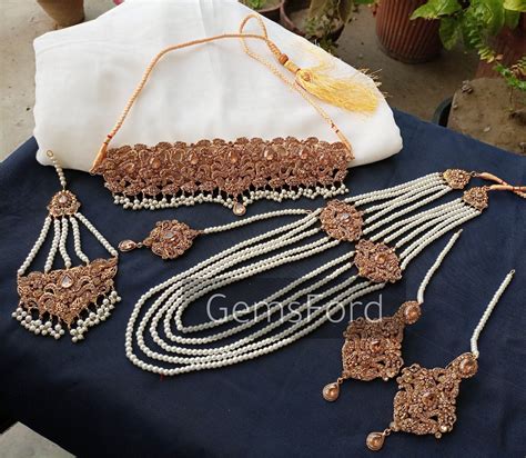 Real Zarcon Pakistani Bridal Jewellery Set Necklace Mala Earrings Tikka