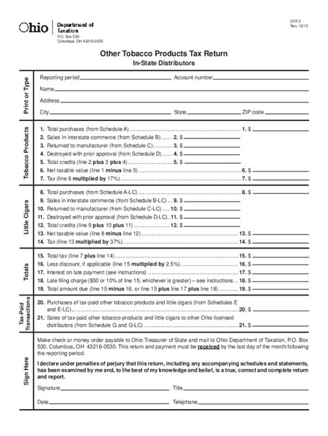 Fillable Online Tax Ohio Other Tobacco Products Tax Return In State