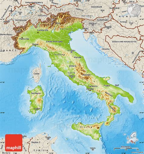 Physical Map of Italy, shaded relief outside