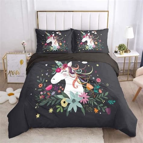 Housse de Couette Motif licorne magique 3D Fermeture éclair cachée et 2