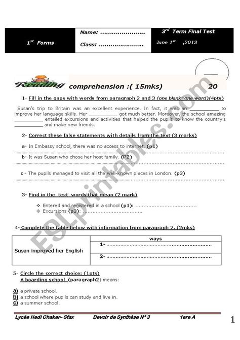 1st Form End Term Test ESL Worksheet By Kleopatra12