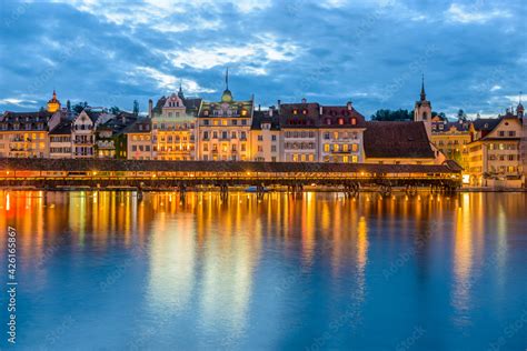 Night View Towards Chapel Bridge Kapellbruecke Together With The