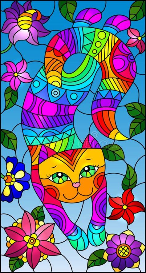 Stained Glass Illustration With A Cute Rainbow Cat On A Background Of Meadows And Bright Flowers