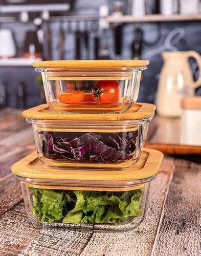 White Plain Glass Food Storage Containers With Airtight Wooden Lid Set