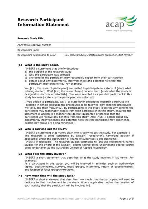 Research Participant Information Statement Consent Form Template