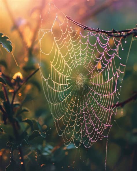 Spider Web With Dew Drops At Sunrise Beautiful Nature Background