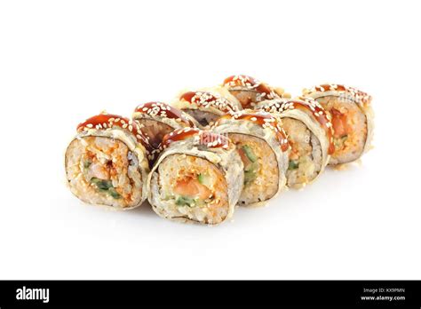 Hot Sushi Roll On A White Background Isolated Stock Photo Alamy