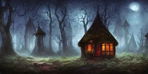 KREA Beautiful Matte Painting Of A Fantasy Witche Hut In Dark Forest